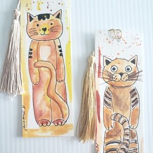 Handcrafted Cat Watercolor Bookmarks with Tassels